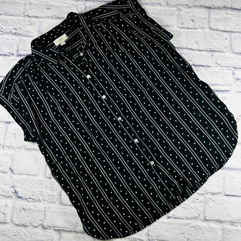 Loft Outlet Women Sleeveless Button Down Blouse Navy Blue White Polka Dot Stripe
